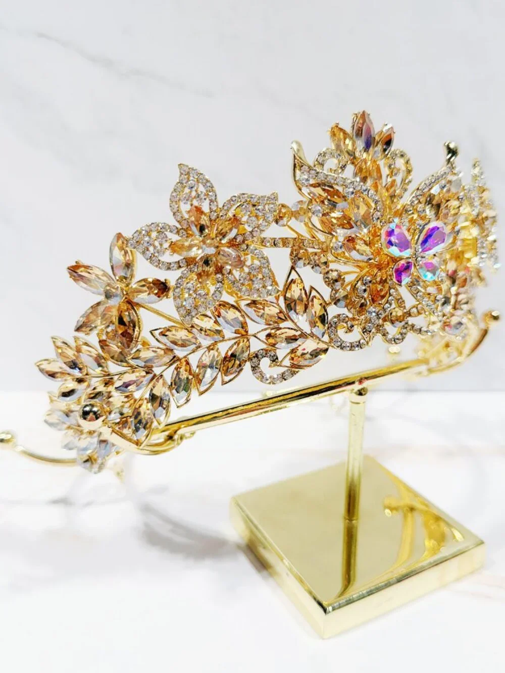 Champagne Crystal Butterfly Tiara Crown Gold Tone Pageant Prom Wedding Headpiece